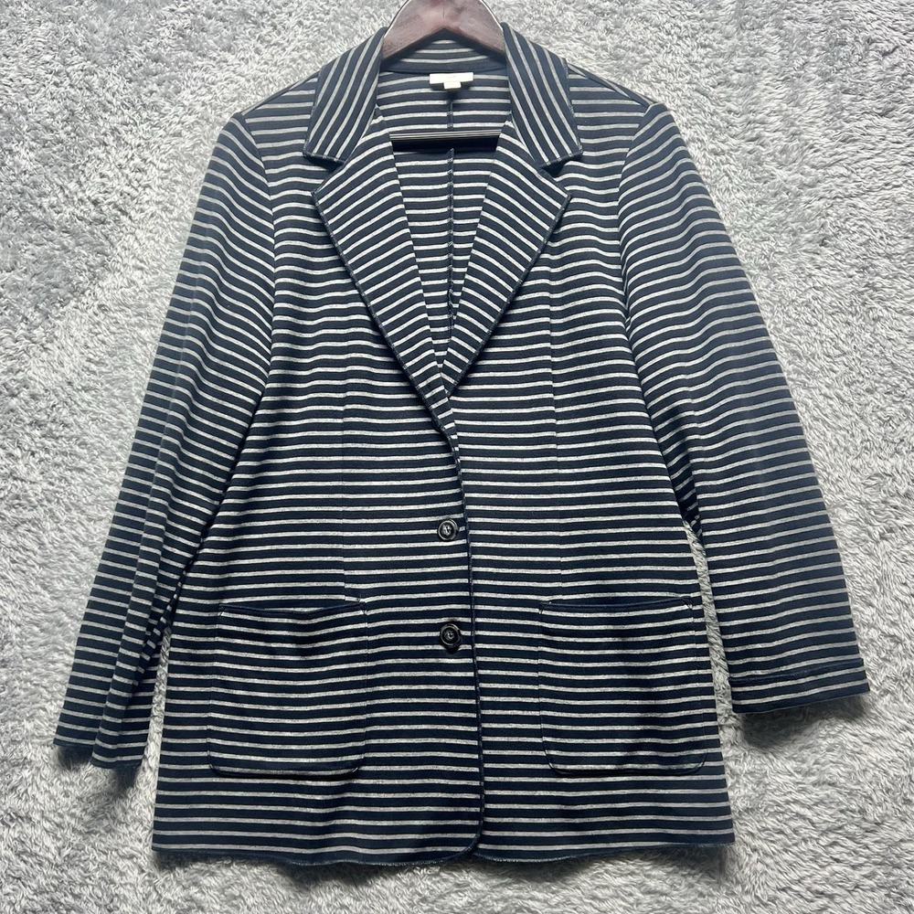 JJill Blazer Jacket Womens Large Blue Gray Knit Stretch Pockets‎ Button Front